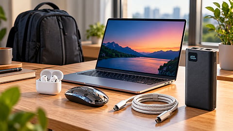 Laptop with earbuds, wireless mouse, USB-C cable and power bank on a desk