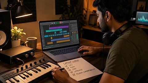 Indian music producer checking a laptop, audio interface and DAW workload checklist.