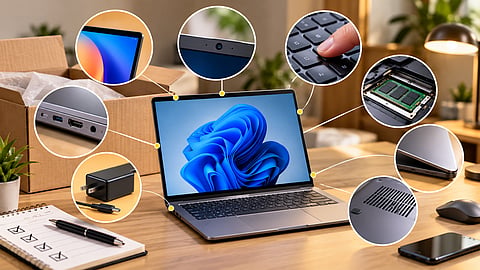 New Windows laptop with callouts for the display, webcam, keyboard, RAM, ports and chassis.