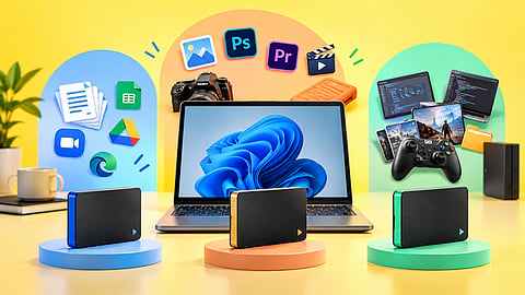 Laptop with three SSDs representing different storage needs, surrounded by office, creative, coding and gaming elements.