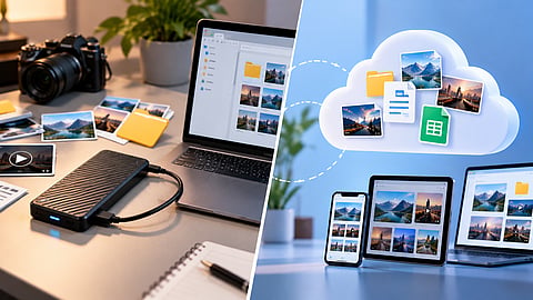 Laptop connected to an external SSD alongside cloud storage syncing files across devices.