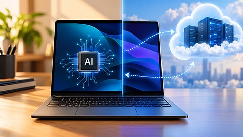 Laptop illustrating the difference between local AI processing on the device and cloud AI processing through remote servers.