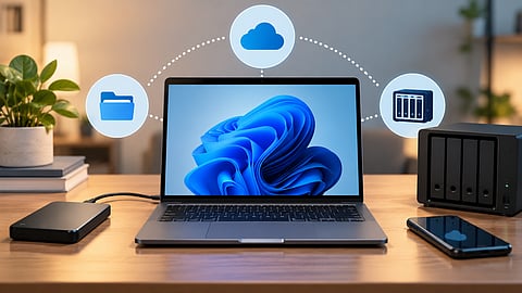 Laptop with an external SSD, NAS device and cloud storage representing different ways to back up files.