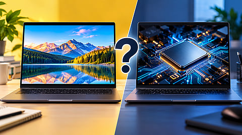 Two laptops comparing display quality and processor performance for different needs.