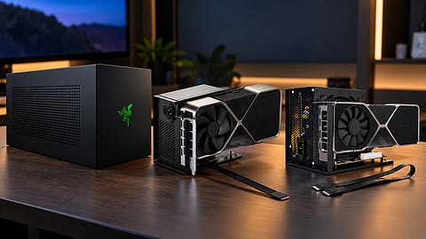 Three external GPU setups showing a Razer enclosure and open eGPU docks with desktop graphics cards and PCIe cables.