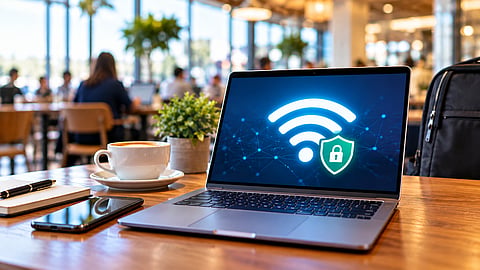 Laptop using public Wi-Fi in a café with a security shield displayed on the screen.