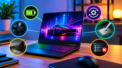 Gaming laptop with icons representing battery care, cooling, dust removal and software maintenance.