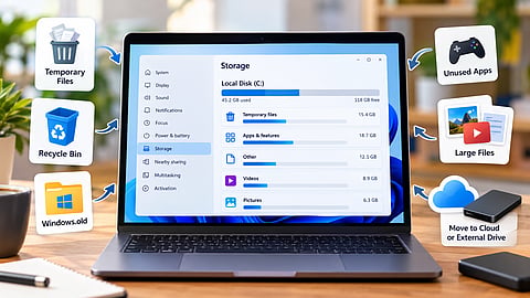 Laptop storage settings with temporary files, unused apps, Windows.old and cloud storage options.
