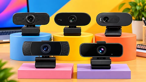Five black external webcams displayed on colourful platforms in a bright studio setup.