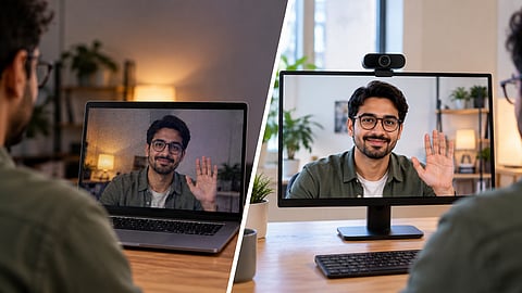 Split-screen comparison showing grainy laptop webcam video and clearer external webcam video.