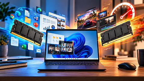 Laptop flanked by RAM modules and performance graphics, illustrating RAM capacity vs speed.