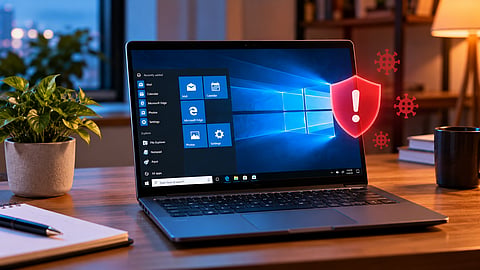 Windows 10 laptop with a security warning symbol and a potted plant on a desk.