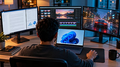 Laptop connected to three external monitors displaying office work, video editing and a racing game.