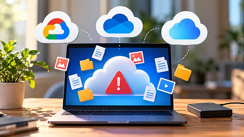 Laptop displaying a cloud storage warning, with files and an external drive nearby.