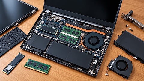 Laptop internals showing replaceable RAM, SSD, battery and cooling fan.