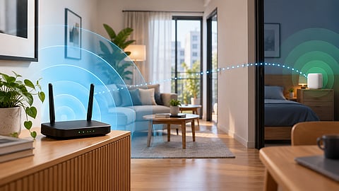 Single router and mesh nodes providing Wi-Fi coverage across an apartment.