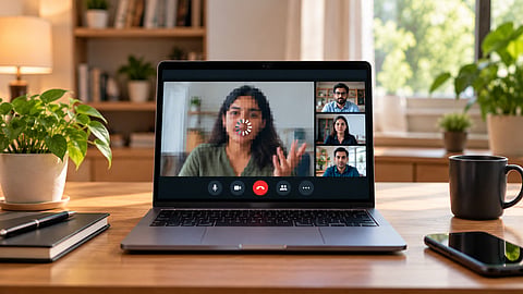 Laptop showing a pixelated video call with a loading spinner.