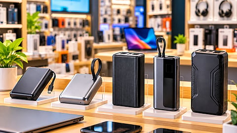 Five laptop power banks in different sizes and designs arranged on a desk beside an open laptop.