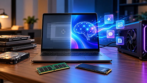 Older laptop alongside RAM modules, an SSD and an external GPU enclosure.