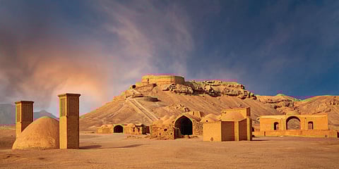 The Tower of Silence (dokhma) at Malabar Hill in Mumbai, where the Parsi Zoroastrian funerary practice of Dokhmenashini takes place.