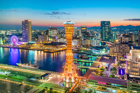 Skyline and Port of Kobe in Japan at twilight