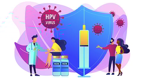 Illustration of HPV vaccination showing a doctor administering a vaccine to a woman, with vials, syringe, and a shield symbolising protection from the HPV and promotion of public awareness.