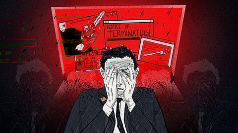 A man sits covering his face with his hands, with several documents scattered around him on a red background.