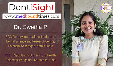 A smiling Dr. Swetha in a beige top. An ID card is pinned to her chest.