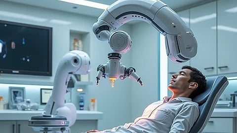 A robot performing a medical checkup on a man