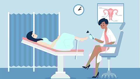 An illustration of a female doctor examining a lady patient for pap smear.