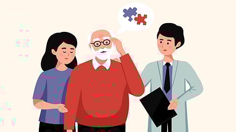 An elderly man is standing with a woman and a doctor, engaged in conversation about his dementia.