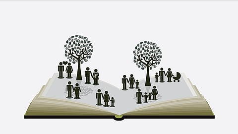 An illustration of two family trees growing from an open book with more than 3 generations.