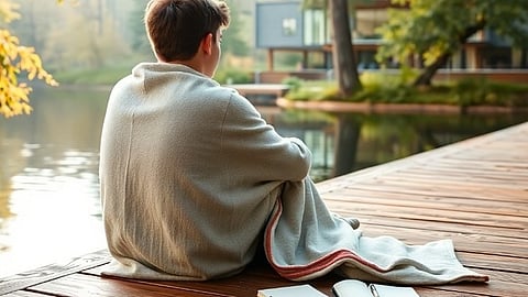 An adolescent boy sitting on a deck of a lake wrapped in a blanket with some books nearby.