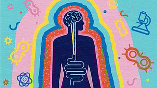 A human illustration surrounded by patterns. 