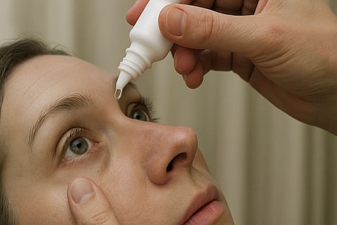 A woman is concerned about having eye drops put in her eyes.