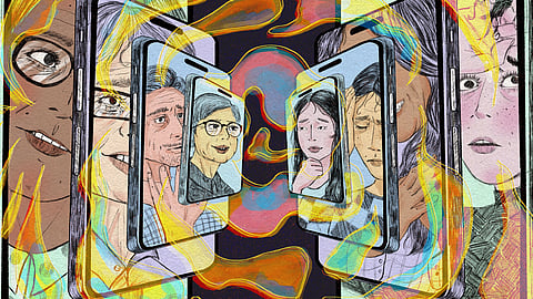 Illustration showing multiple people communicating through multiple phones, symbolising video and phone counselling.