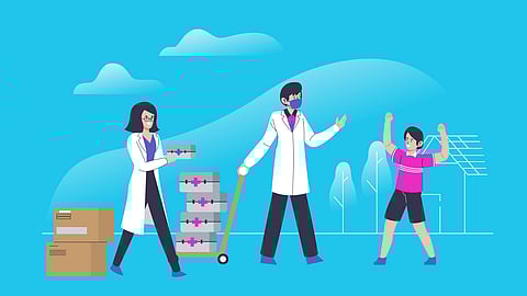 A cartoon illustration where two healthcare workers in white coat and a child nearby.