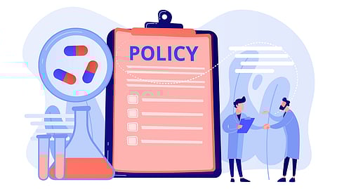 Health policy on clipboard and researchers, tiny people. 