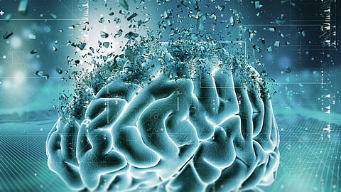 3D medical scene showing a brain shattering