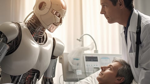 Patient examined by robot and physician