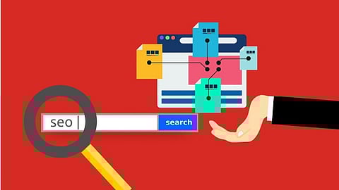 A magnifying glass is focused on the word 'SEO' typed into a search bar and multiple colorful pages