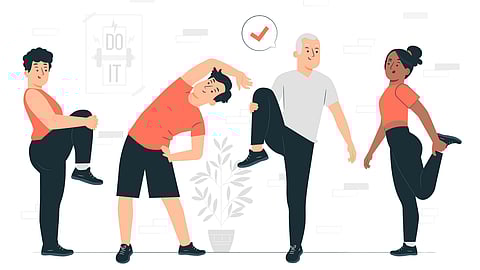 Illustrations of four people warming up or stretching to improve their workout results.