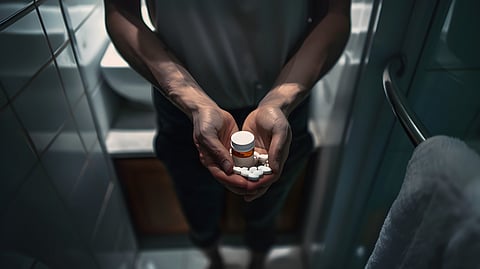 A person is holding few tablets and a pill bottle in his hand.