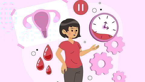An illustration of a woman thinking about her menstrual cycle with images of blood drops, uterus and a timepiece shown.