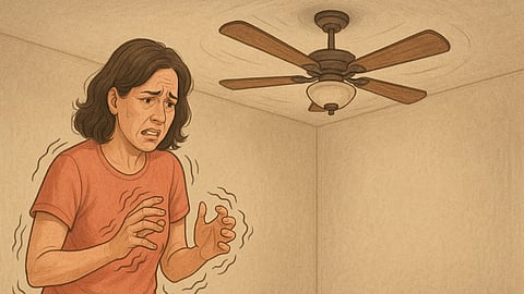 A visibly distressed woman whose body is shaking while standing under the ceiling fan in her room.