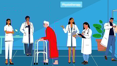 Physiotherapy OPD where physiotherapists are busy treating patients, discussing cases, or going for IPD rounds.