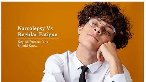 A poster about 'Narcolepsy Vs Regular Fatigue: Key Differences You Should Know' and a person sleeping.