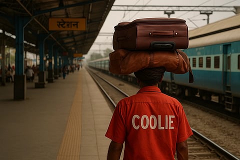  A man walks down a train platform, balancing luggage on his head while carrying a backpack on his shoulder.
