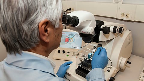 A scientist wearing gloves is looking into a microscope.