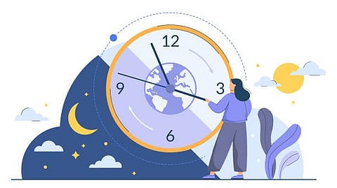 A person points at a large clock featuring a globe face, set against a backdrop of day and night elements.